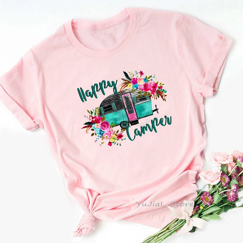 

Happy Camper With Flowers Graphic Print Tshirt Women'S Clothing Harajuku Kawaii T Shirt Femme Summer Fashion T-Shirt Female