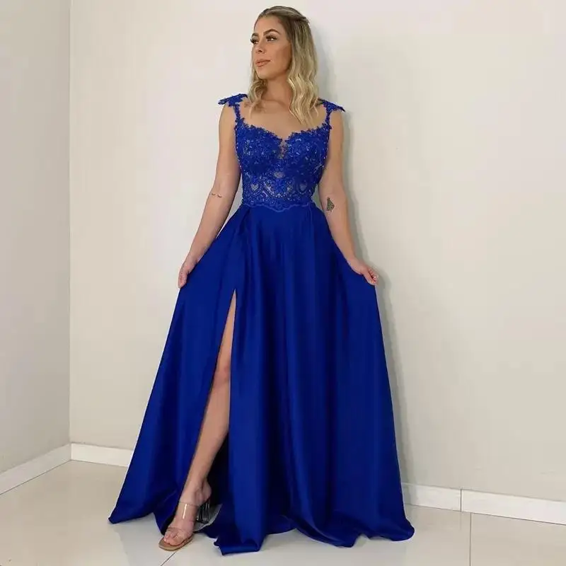 Royal Blue Floral Lace Sleeveless Prom Dresses Side Split Sheer Neck Ruched Floor Length Evening Dress Party Gowns with Applique