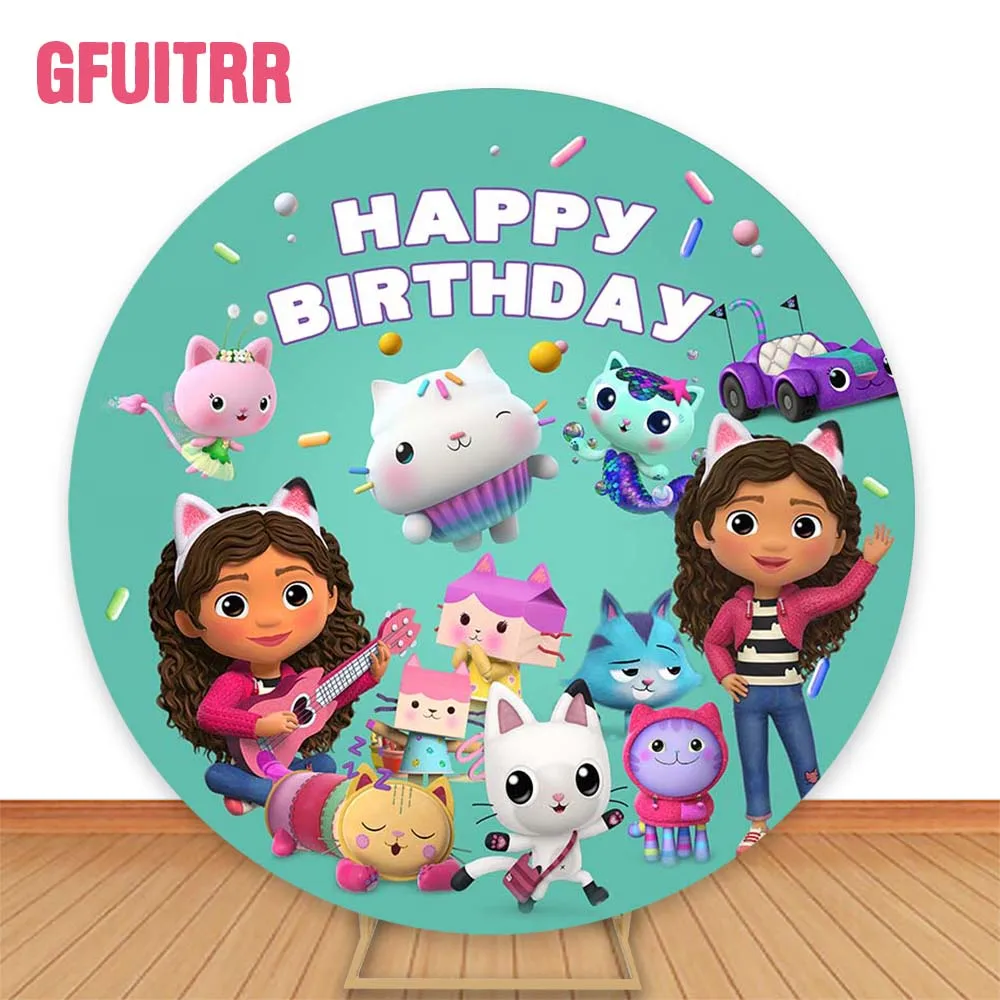 GFUITRR Gabby Dollhouse Circle Photo Background Girls Birthday Party Photography Backdrop Round Bedroom Decor Poster Photo Prop