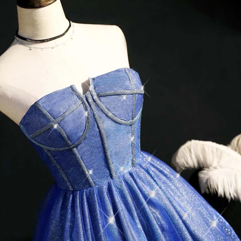 AnXin SH Prinzessin Luxus Prinzessin blau glitzernde Spitze Host trägerlos ärmellos Geburtstagsfeier kurzes blaues maßgeschneidertes Abendkleid