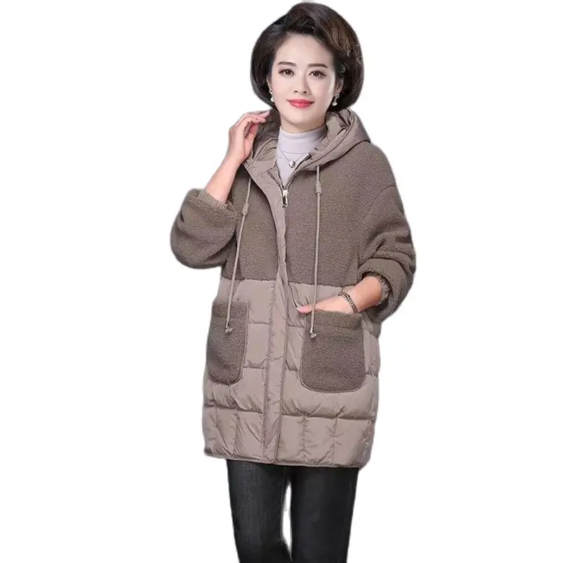 New WinterThicken Down Cotton Ladies Coats Mid-long Zipper Pocket Hooded Female Outerwear Loose Splicing Women's  Windbreakers