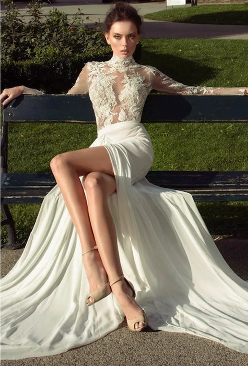 Sexy Durchsichtig Hochzeit Kleid High Neck Spitze Lange Hülse Gast Brautjungfer Kleid vestidos de novia свадебное платье suknia ślubn