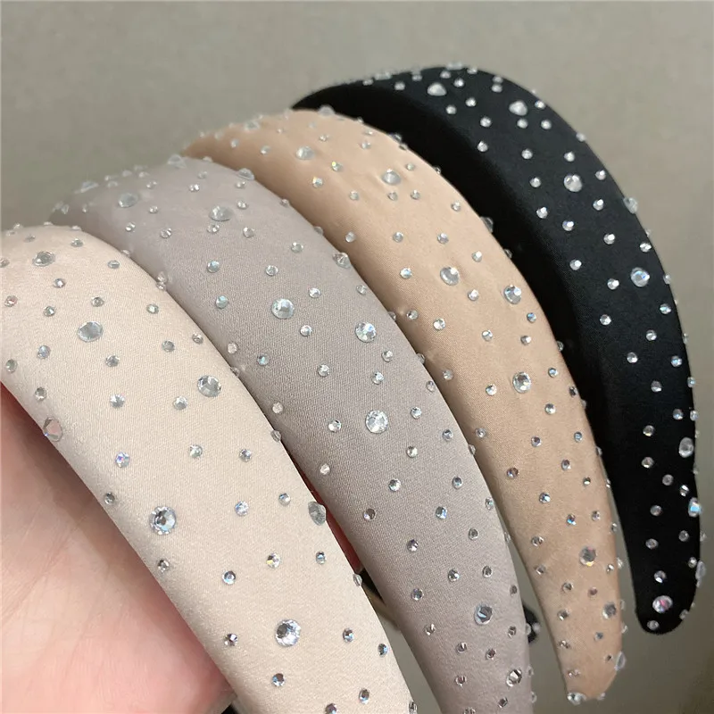 Black Padded Headband Rhinestones for Women 2022 Spring New Hair Accessories Solid Sponge Thick Hairband Crystals Head Hoop