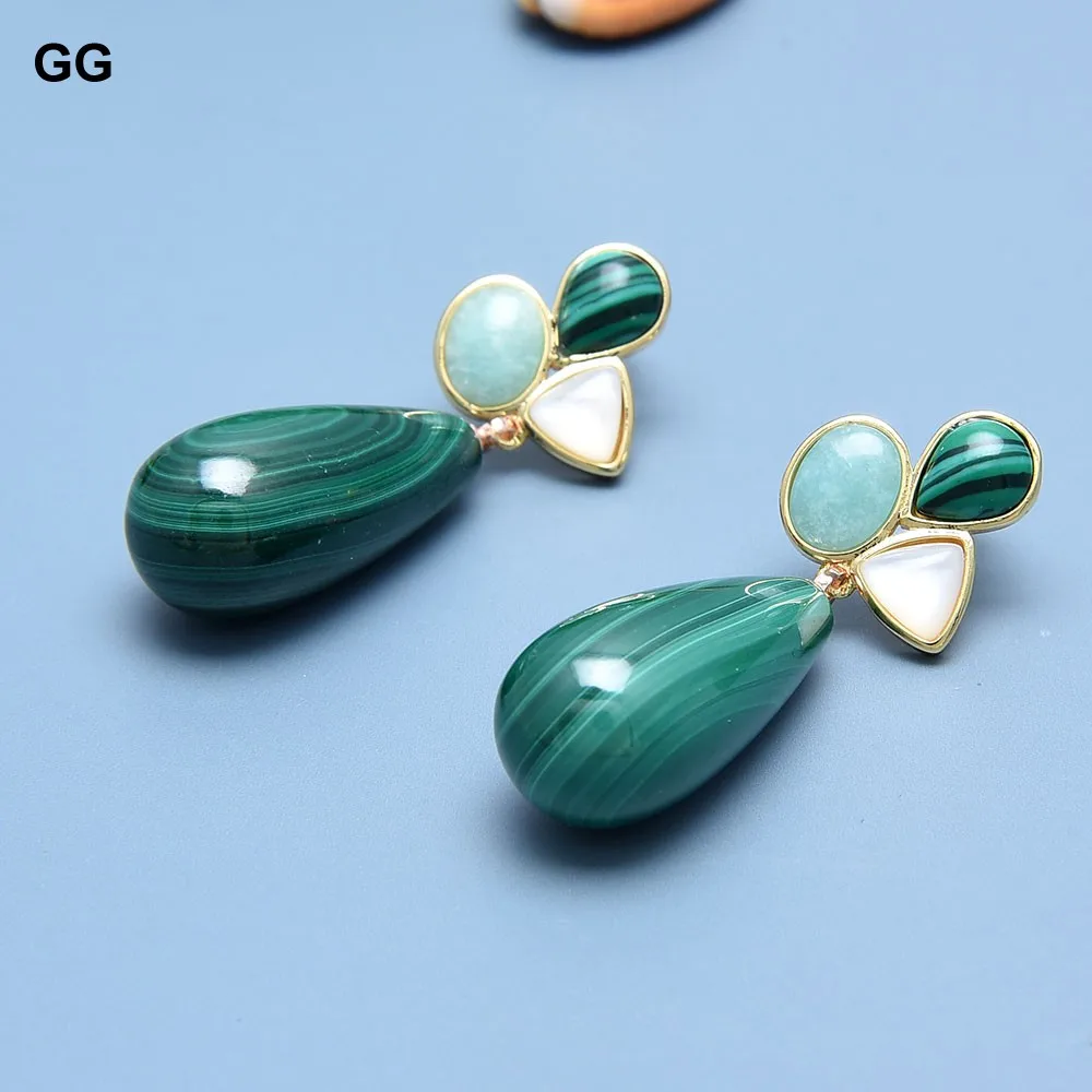 GG Natural Green Malachite Gems Dangle White Shell Peruvian Amazonite Stud Earrings For Women