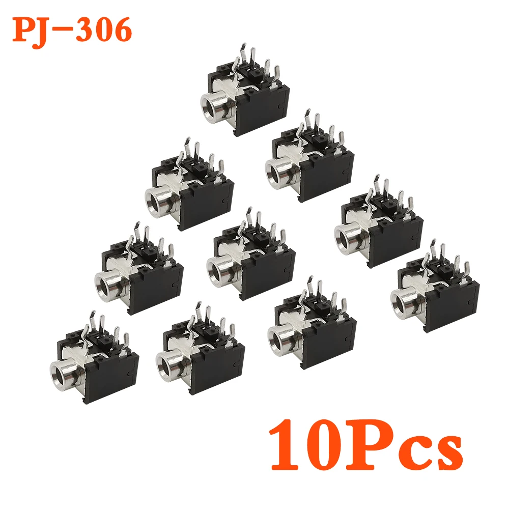 10Pcs PJ-306 3.5 Jacks 5Pin DIP Thread Audio Interface Wire Connector PJ306 Female 3.5mm Stereo PCB Mount Headphone Socket Plug