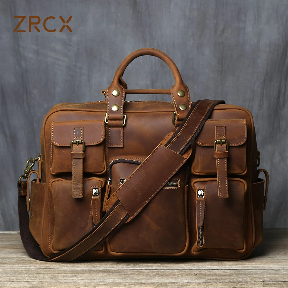 

ZRCX Men's Genuine Leather Travel Bag Vintage Large-Capacity Handbag Business Cowhide Briefcase Leather Business Trip Computer B