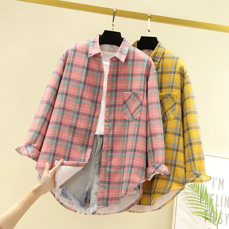 Camisa a cuadros gruesa y cálida de terciopelo para mujer, Tops lisos de manga larga para mujer, blusa informal a cuadros de lana para invierno,