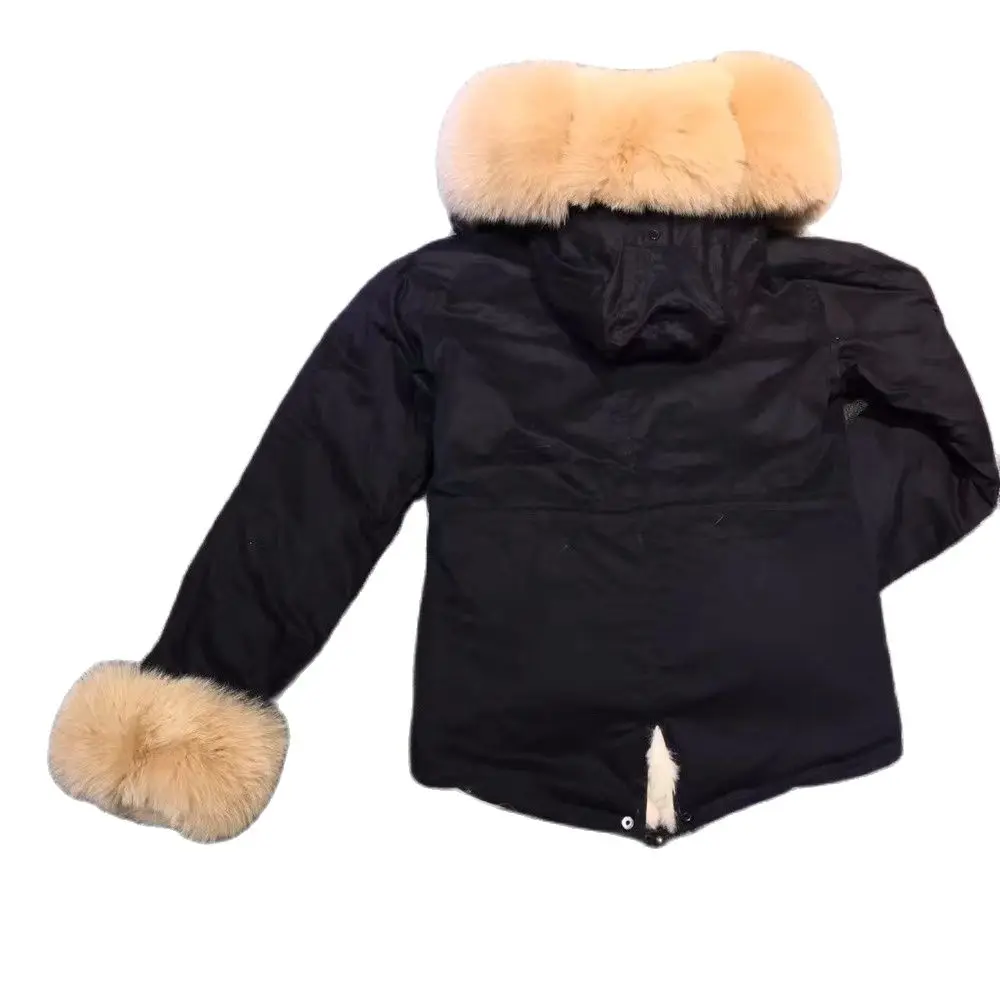 Mhnkro Winter Fox Fur Collar Cuffs Short Black Shell Russia Coat With Zipper Fake Fur Lined Wear