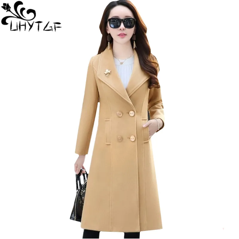 

UHYTGF Coats Woman Autumn Winter Wool Coat 2022 Korean Fashion Slim Big Size Jacket Double-breasted Casual Long Coat Female 995