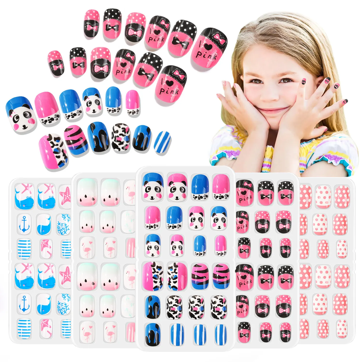 120pcs/lot Children Fake Nails Tips Sea Animal Rainbow Short Artificial DIY Star Lovely Gift for Girl Kids Art Decorate