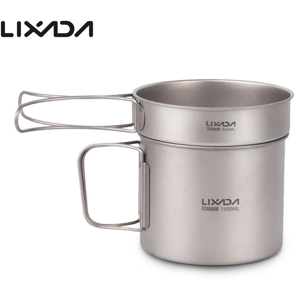 

Lixada Ultralight Titanium Cookset Outdoor Camping Cookware Set 1100ml Pot and 350ml Fry Pan w Folding Handles tourist tableware