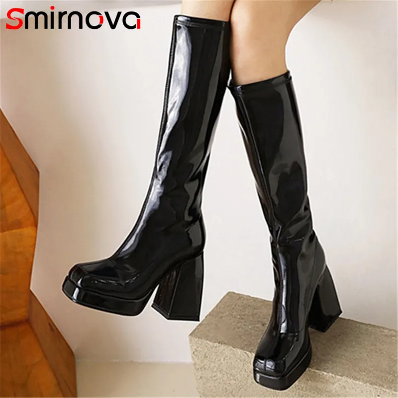 Smirnova 2022 New Explosions Knee High Boots Women High Heels Platform Shoes Square Toe Slim Stretch Long Boots Female Big Size