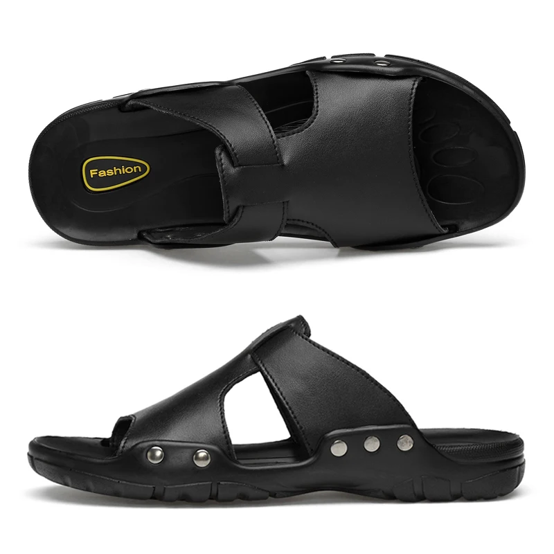 Men Slippers Leather Slides Summer Casual Shoes Plus Big Size 49 50 51 52 Black Slipper And Sandals Slip On Shoes