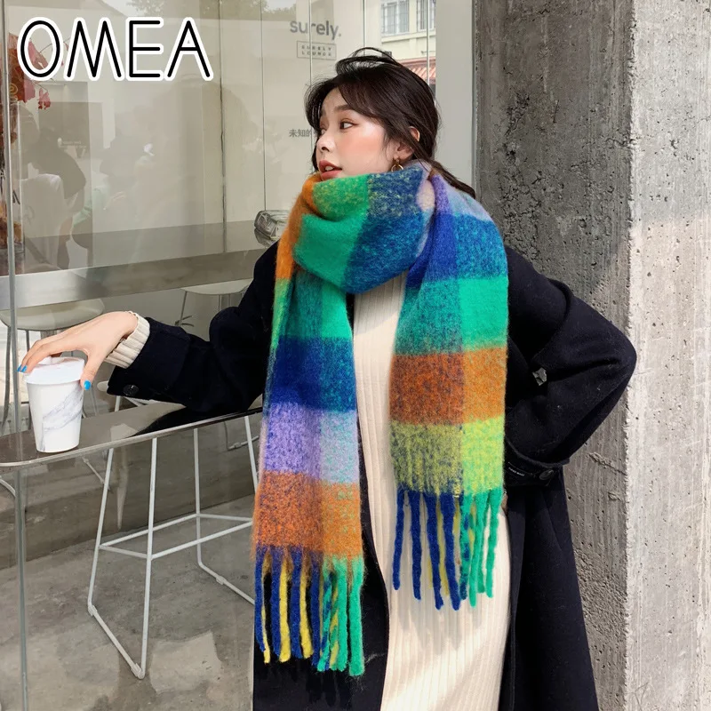 OMEA Women Patchwork Winter Scarf with Tassel Striped Knitted Cashmere Scarf Tendy Winter Accessories for Women Blanket Scarf