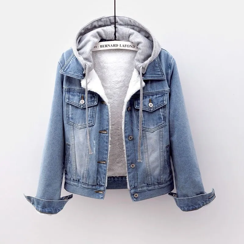 Plus Size S-5XL Autumn Winter Jacket Women Plus Thin Cashmere Hooded Denim Jackets Female Casual Short Jean Coat Jacket female