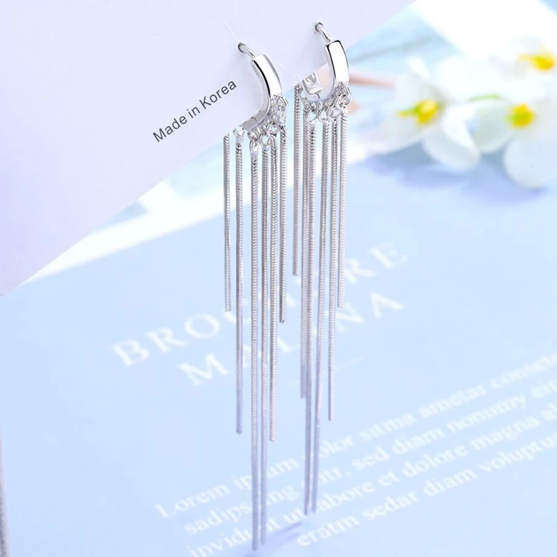 New 925 Sterling Silver Long Tassel Earrings Women Dance Party Jewelry Chic Hoop Earring Female Anniversary Accessories KOFSAC