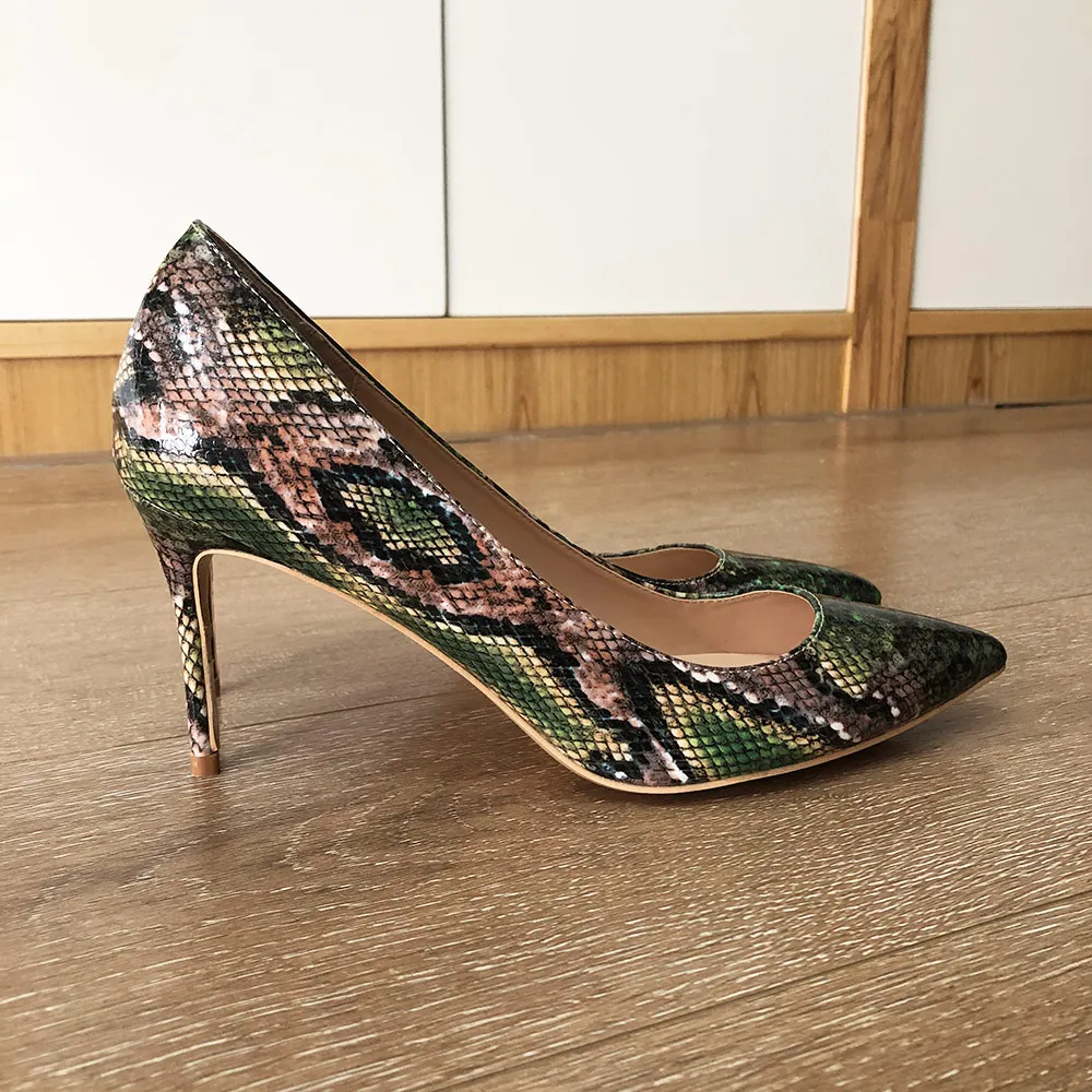 Veowalk Green Snake-effect Embossed Women Sexy Stilettos High Heels Ultra High Pointed Toe Pumps Ladies Slip On Party Shoes