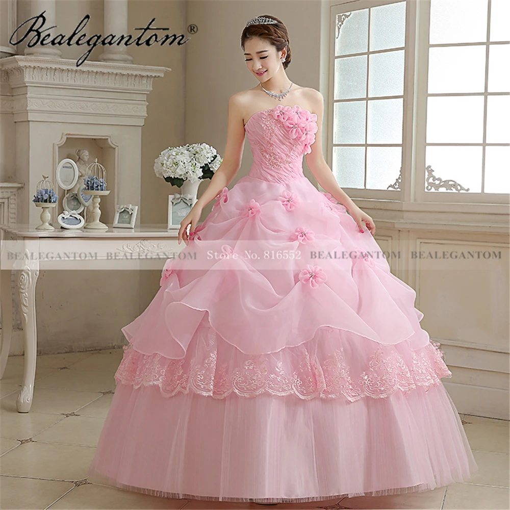 Bealegantom คุณภาพสูงสีชมพูสีขาว Quinceanera Ball Gown ดอกไม้ Lace Up Sweet 16ปาร์ตี้ชุดราตรี Vestido 15 Anos QD146