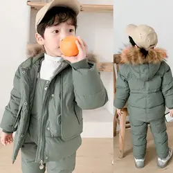 2024 New Winter 2 3 4 6 8 Years Fur Hooded Jacket+Overalls Suit 2Pcs Duck Down Children Clothing Set for Baby Kids Girls Boys