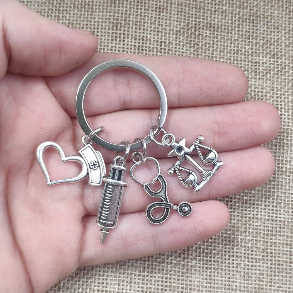 12 Signs Constellations Zodiac Retro Silver Plated Keychain Key Ring Doctor Nurse Cap Stethoscope Syringe Caduceus Style