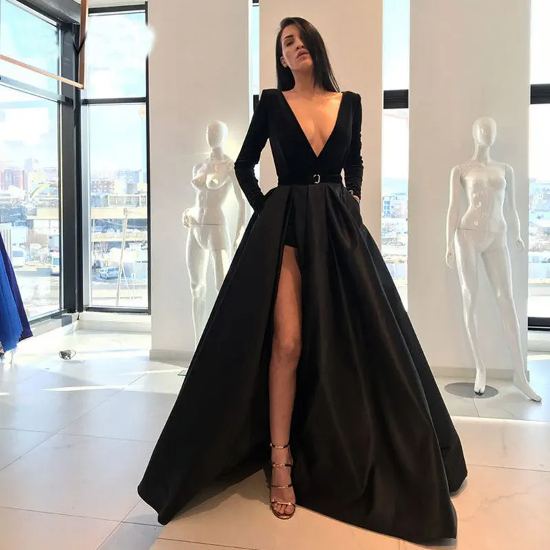 

New arrival prom party evening dresses gown satin robe de soiree elegant frock sexy side slit velour