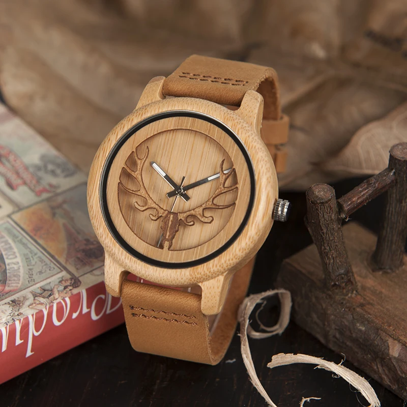 BOBO BIRD Bamboo Watch Men Wood Quartz Wristwatches With Deer Buck Head Design Real Leather Band Customize Relogio Drop Shipping