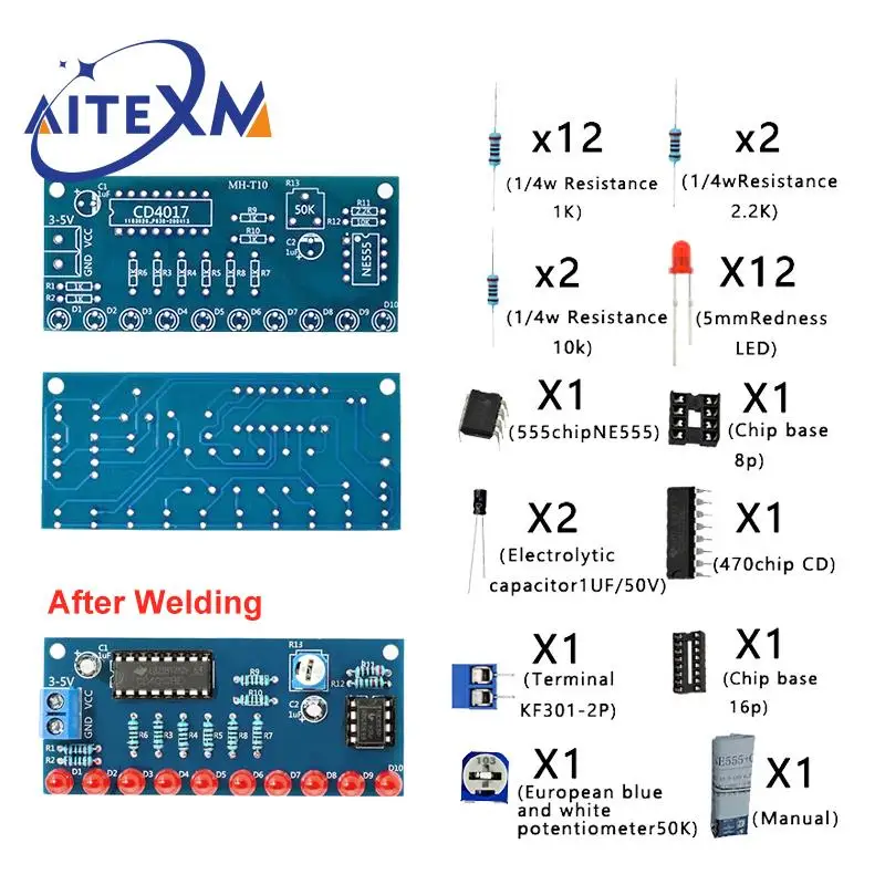 Smart Electronics Kits Ne555+CD4017 Light Water Flowing Light LED Module DIY Kit Learn Electronic Principles Children\'s Lab