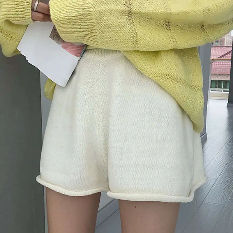 Loose Curled Wide Leg Knitted Shorts For Women Solid Color Summer Autumn Simple High Waist Casual Shorts Trousers Hotpants C7571