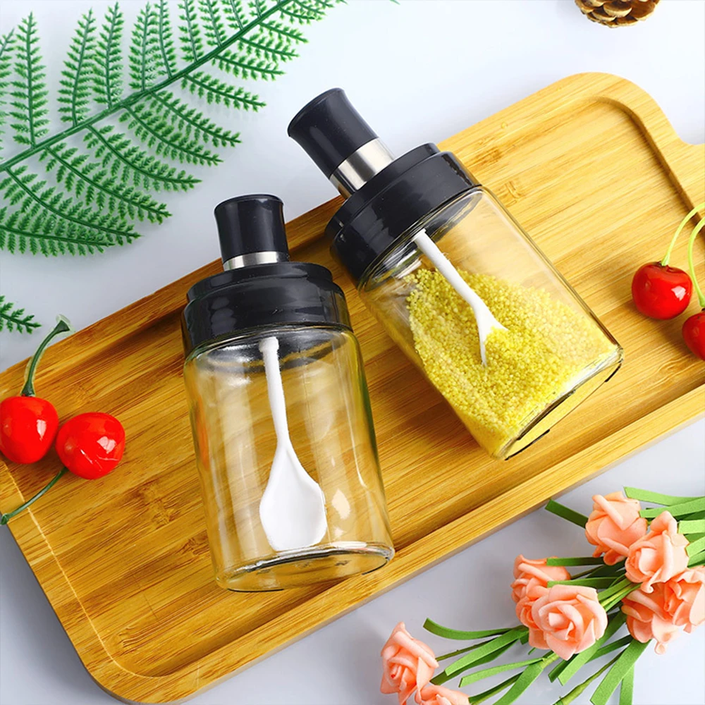 250ML Glass Seasoning Bottle with Spoon Brush Kitchen Spice Bottles Pepper Spoon Oil Brush Honey Dispenser Cooking Tool