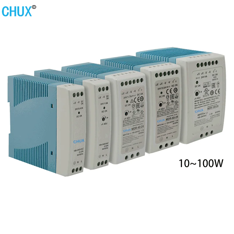 CHUX Din rail Power Supply Switch AC/DC Converter MDR-10W 20W 40W 60W 100W Single output LED Switching 5V 12V 15V 24V 36V 48V