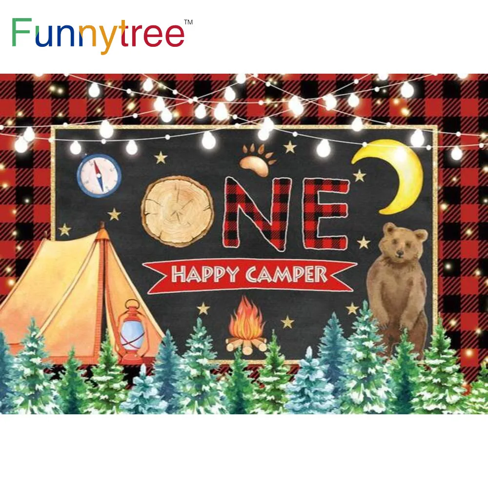 

Funnytree 1st Happy Birthday Party Baby Shower Background Wild Camper Lights Banner Adventure Bear Wood Forests Lattice Backdrop