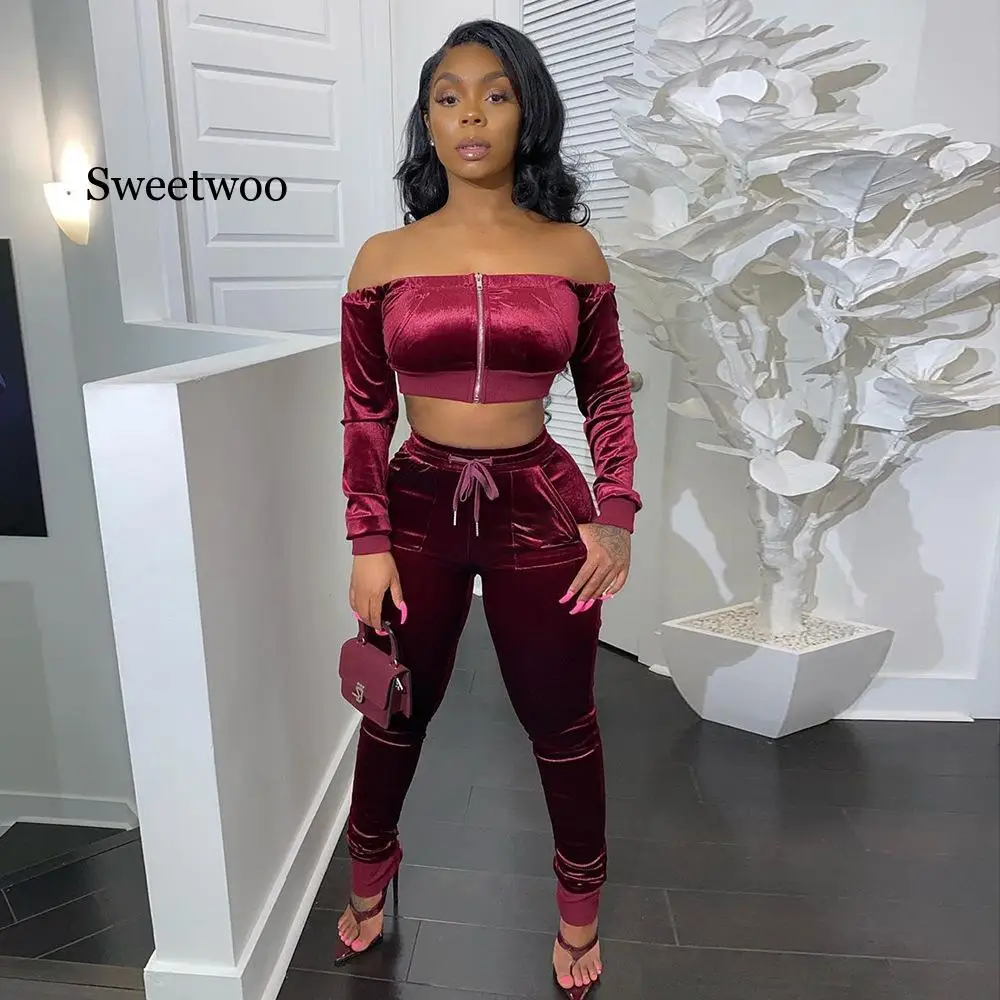 

Streetwear Two Piece Set Women Suits Outfits 2020 Velvet Backless Crop Top and Pants Ladies Tracksuit Female Matching Sets