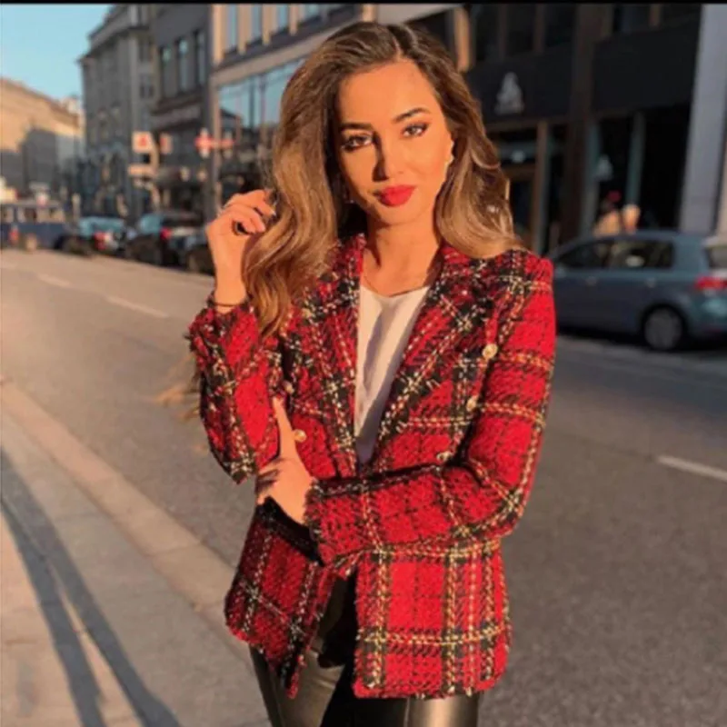 Tweed women red plaid blazers 2021winter fashion women vintage jackets female patchwork blazer coats girls chic outfit clothes