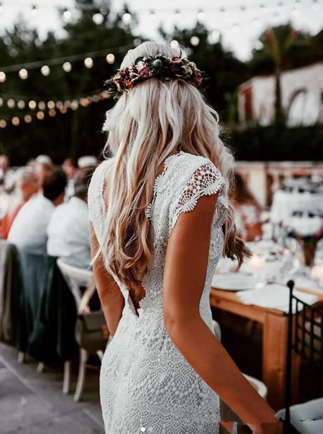 Vintage Crochet Lace Mermaid Wedding Dresses Cap Sleeve customsized Cotton Lace Bohemian Country Garden Bridal Wedding gowns