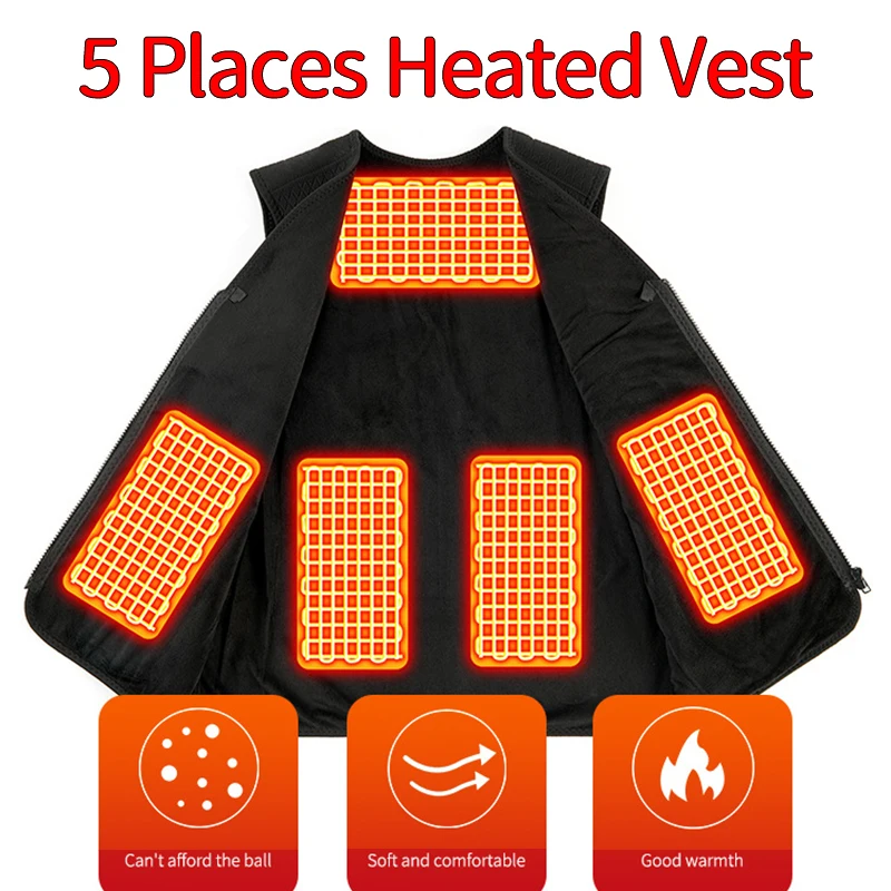 5 Places Heated Vest Intelligent Heating Vest Heating Vest Plush Warm Charging Heating Suit Polar Fleece Electric Heating Vest