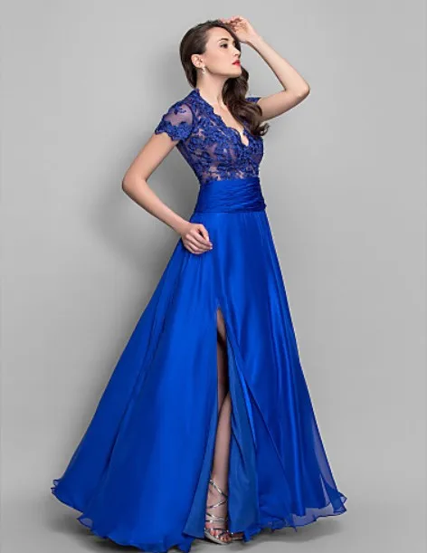 2018 new fashion sexy vestidos de festa casual short sleeve party gown royal blue lace long evening mother of the bride dress