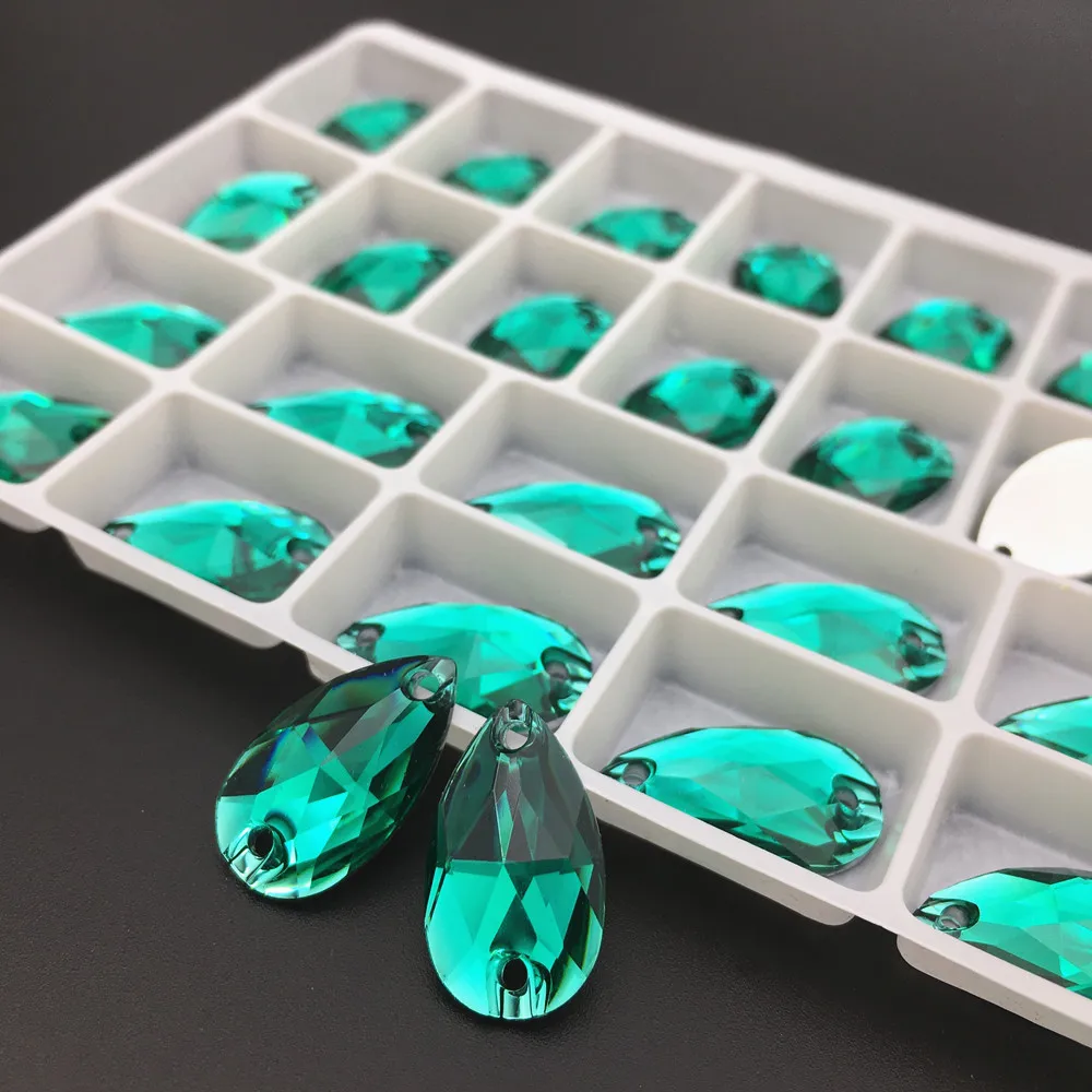 Teardrop 11x18MM Green Zircon Drop Sewing Flatback Pear Rhinestones Sew On Resin Stones For Dresses Clothes Garment