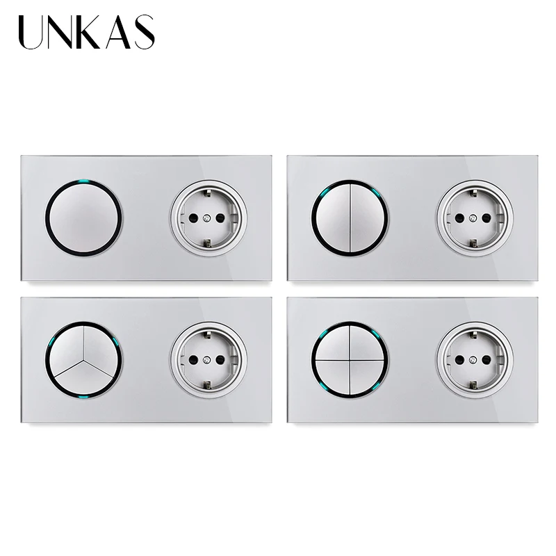 

UNKAS Grey 1 2 3 4 Gang 1 / 2 Way Random Click On / Off Pass Through EU Light Switch LED Indicator Gray Crystal Glass Panel