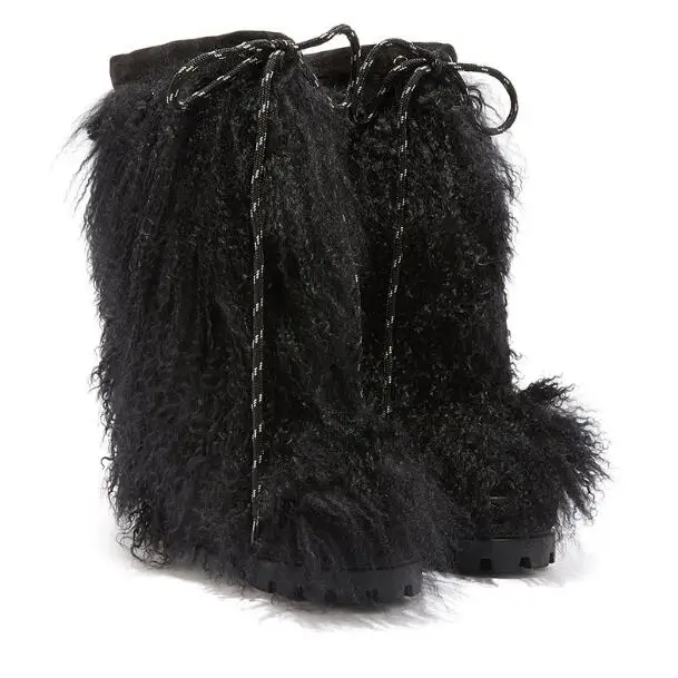 Winter Warming Girls Black Full Wool Fur Thick Heel Short Boots Woman Round Toe 100 mm Hidden Wedge Heel Slip On Snow Boots Lady