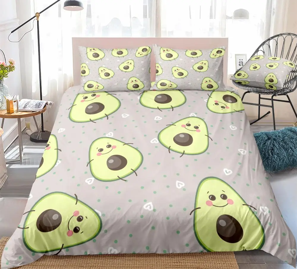 Avocado Bedding Set Cartoon Quilt Cover Fruit Duvet Cover Set Green Home Textiles Black Bed Set Cute Avocado King Love Dropship