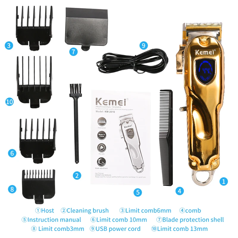 Kemei 2010 All-metal Barber Professional Hair Clipper USB Electric Cordless LCD Hair Trimmer Haircut Machine Mower Carbon Steel