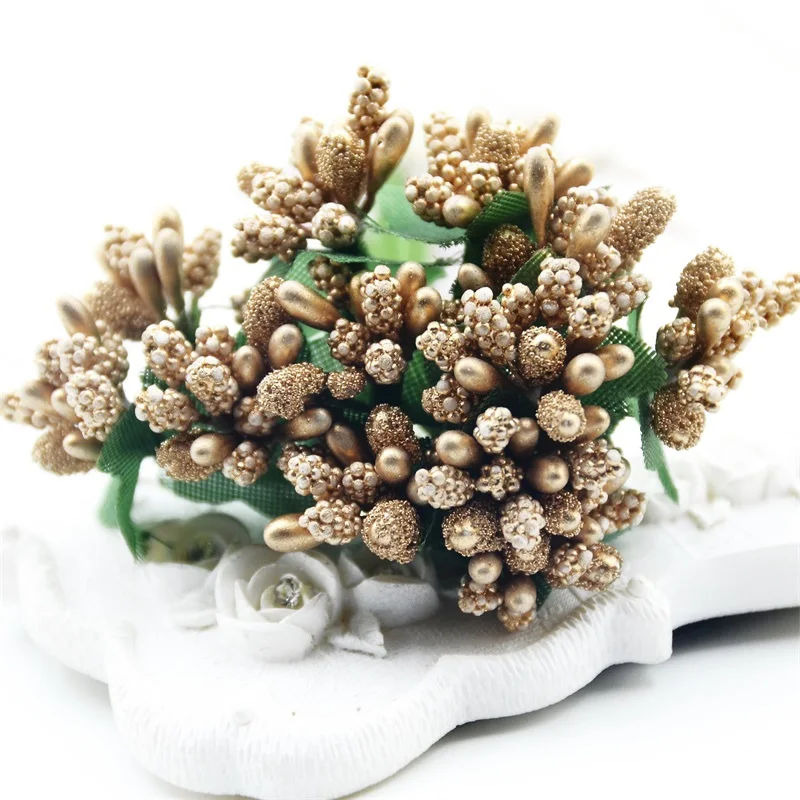 24pcs/2bundles mini Bud Gold Stamens Family Garden Handmade Artificial Bouquet Wedding Decoration DIY Pearl Craft Fake Flowers