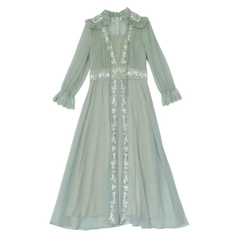 Frühling 2020 Frauen Vintage Elegante Dünne Dame Mori Mädchen Frische Süße Stickerei Grün Lange Casual Täglichen Kleid