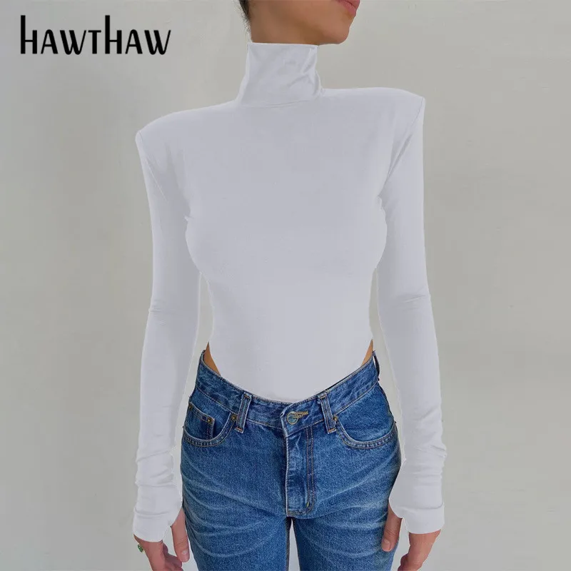 Hawthaw Frauen Herbst Langarm Backless Soild Farbe Rollkragen Schlank Bodycon Bodysuit Overall 2020 Herbst Kleidung Streetwear