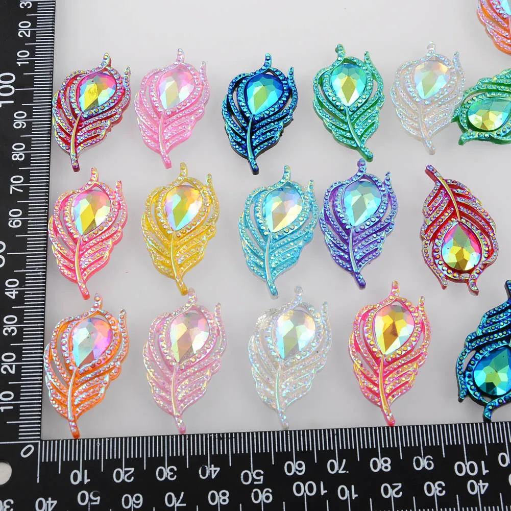 BOLIAO DIY 10Pcs 20*38mm( 0.79*1.5in ) AB Color Peacock Leaf Resin Shining Mix Rhinestone Flatback No Hole Home Decor Crafts