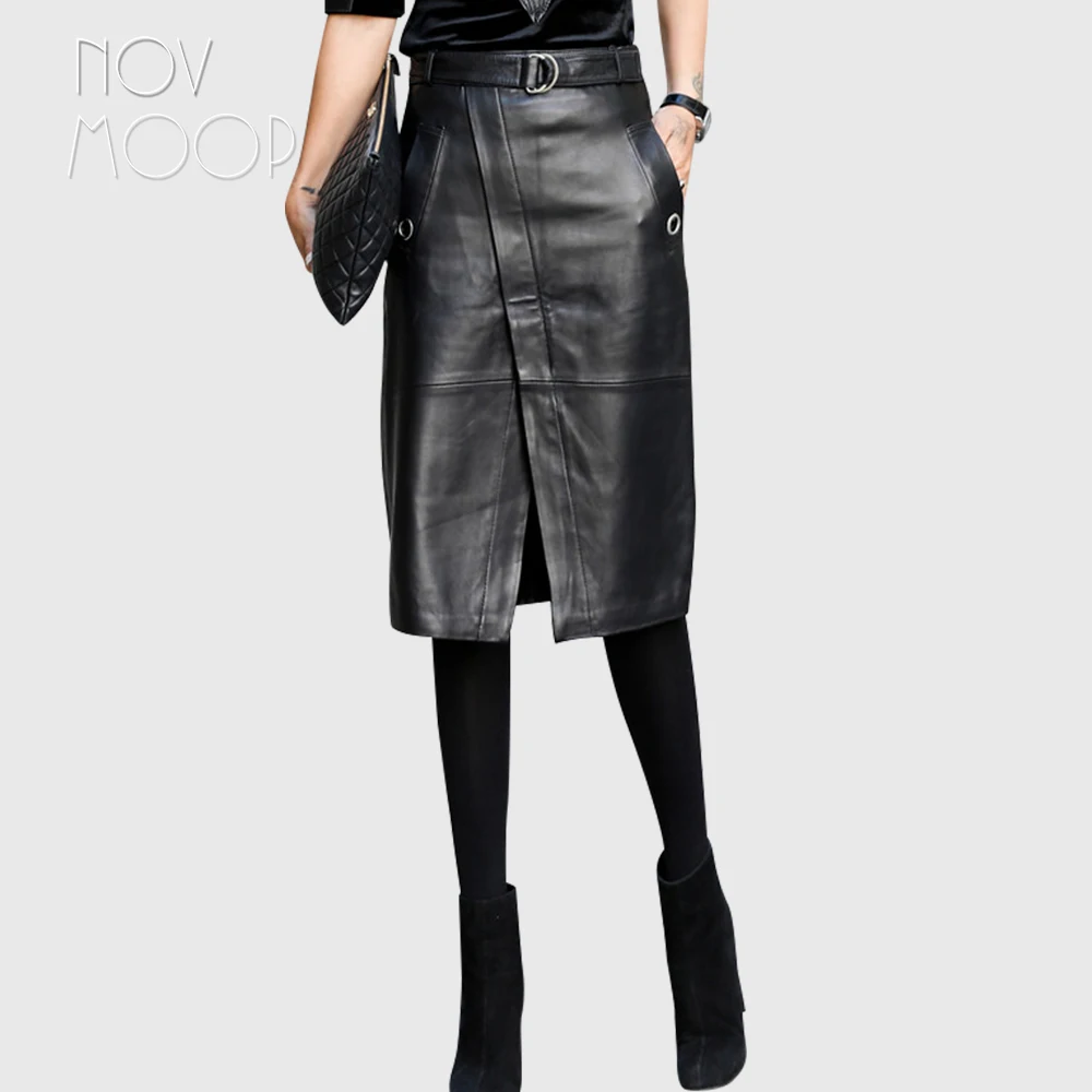 

Novmoop genuine leather women skirt french chic and elegant style rivet decor asymmetrial hem Falda de cuero LT3359