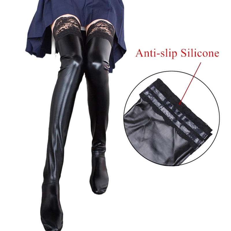 

S - XXL Plus Size Latex Stockings Wet Look PVC Pole Dance Lace Top Thigh High Stockings With Silicone Band Women Sexy Lingerie