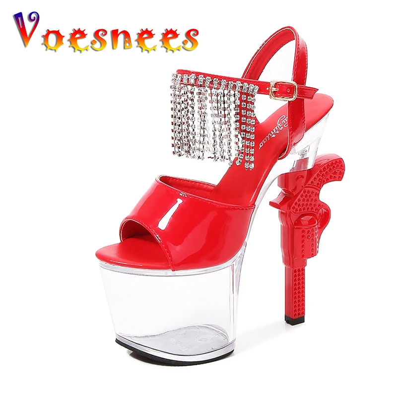 Voesnees Stripper Shoes Women Pole Dance High Heels Sexy Model Type Patent Leather Clear Sandals Women Party Shoes Strange Style