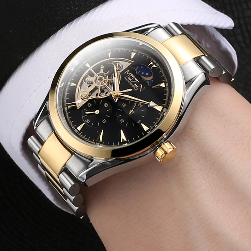 Top Brand Luxury Men Watches Sun Moon Star Tourbillon Skeleton Luminous Five-Hand Three-Eyes Automatic Mechanical Watch Male