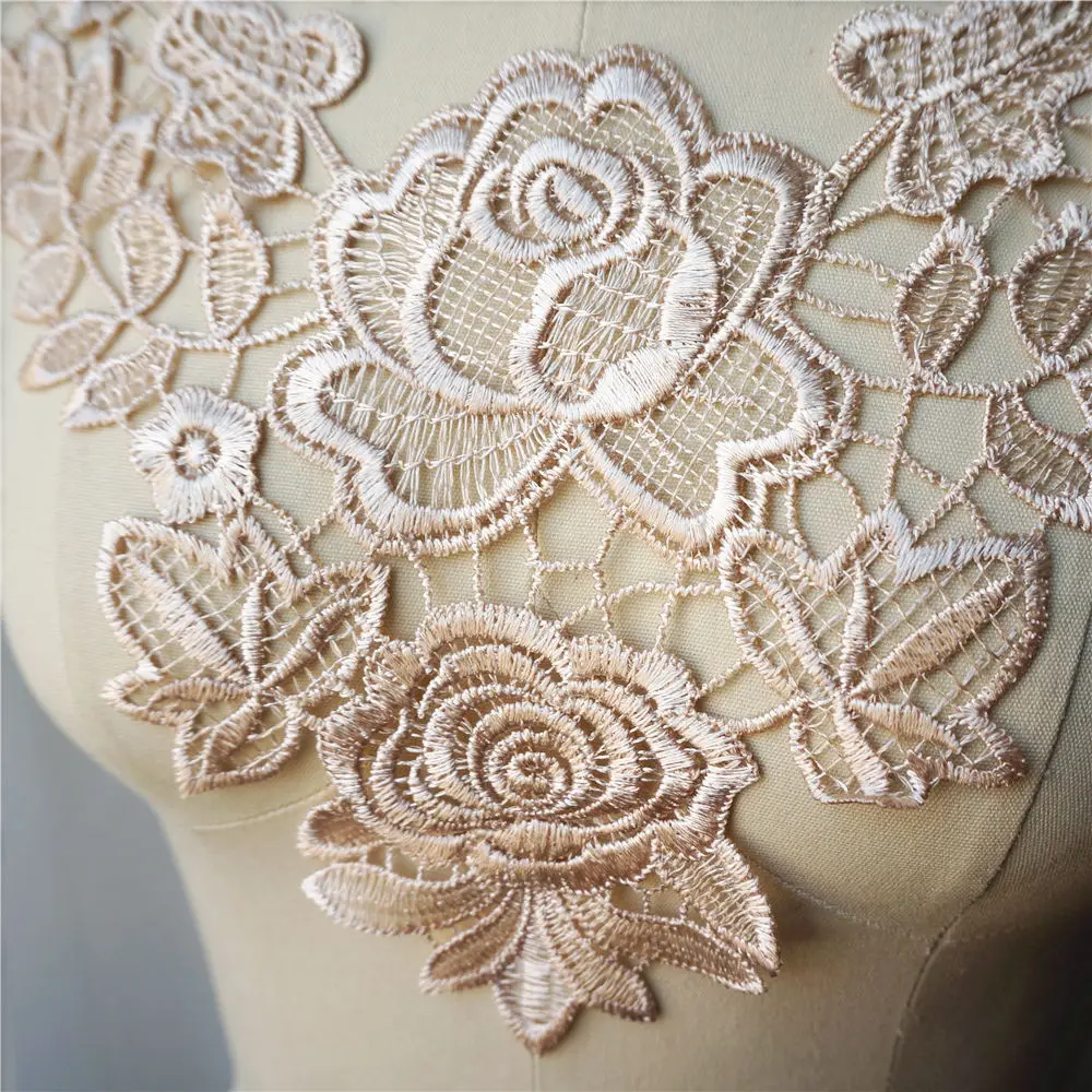 Beige Embroidered Gown Appliques Lace Fabric Trims Collar Mesh Sew On Patches For Wedding Decoration Dress DIY